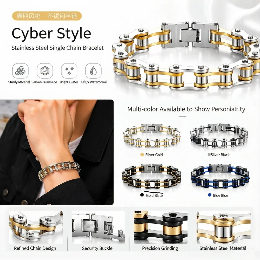 Herren Edelstahl Armband Fahrradketten-Armband Punk Rock Motorrad Biker Schmuck Vintage Rocker Stil Armband Geschenk für Männer
