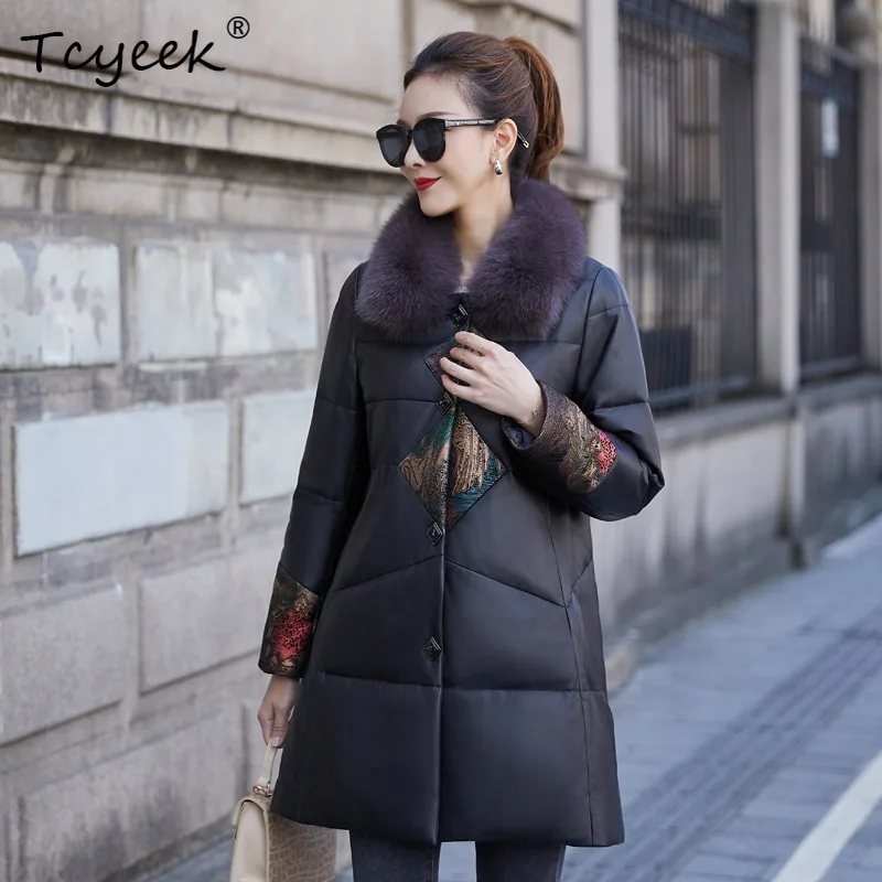 Tcyeek Echtes Schaffell Weiße Ente Sowm Herbst Winter Schwarz Mittellange Damen-Echtlederjacke Ж Ett Byd Mohamed Afrikaans