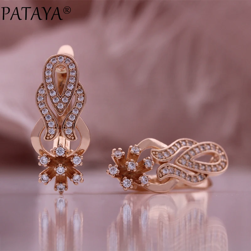 PATAYA Hot 585 Rose Gold Color Glossy Metal Long Earring for Women Shiny Natural Zircon Accessories Trend Daily Jewelry