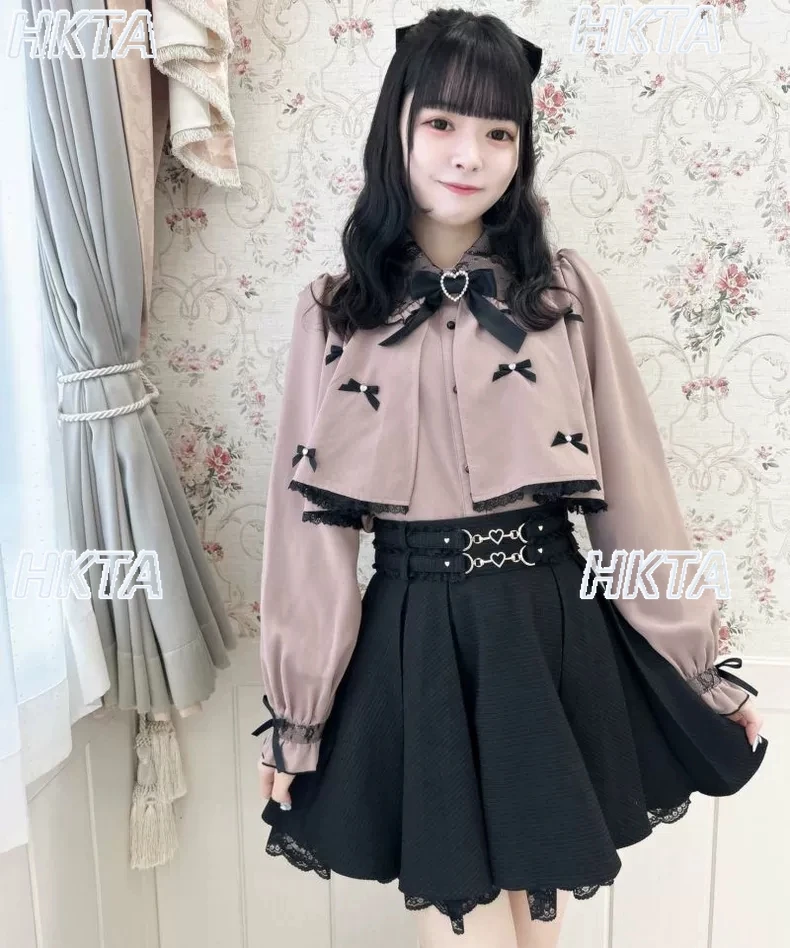 

Японские рубашки женские Mine Mass-Produced, милая, милая, короткая накидка, шаль, галстук-бабочка, рубашка с длинными рукавами, новинка 2023 года, осенняя блузка Rojita