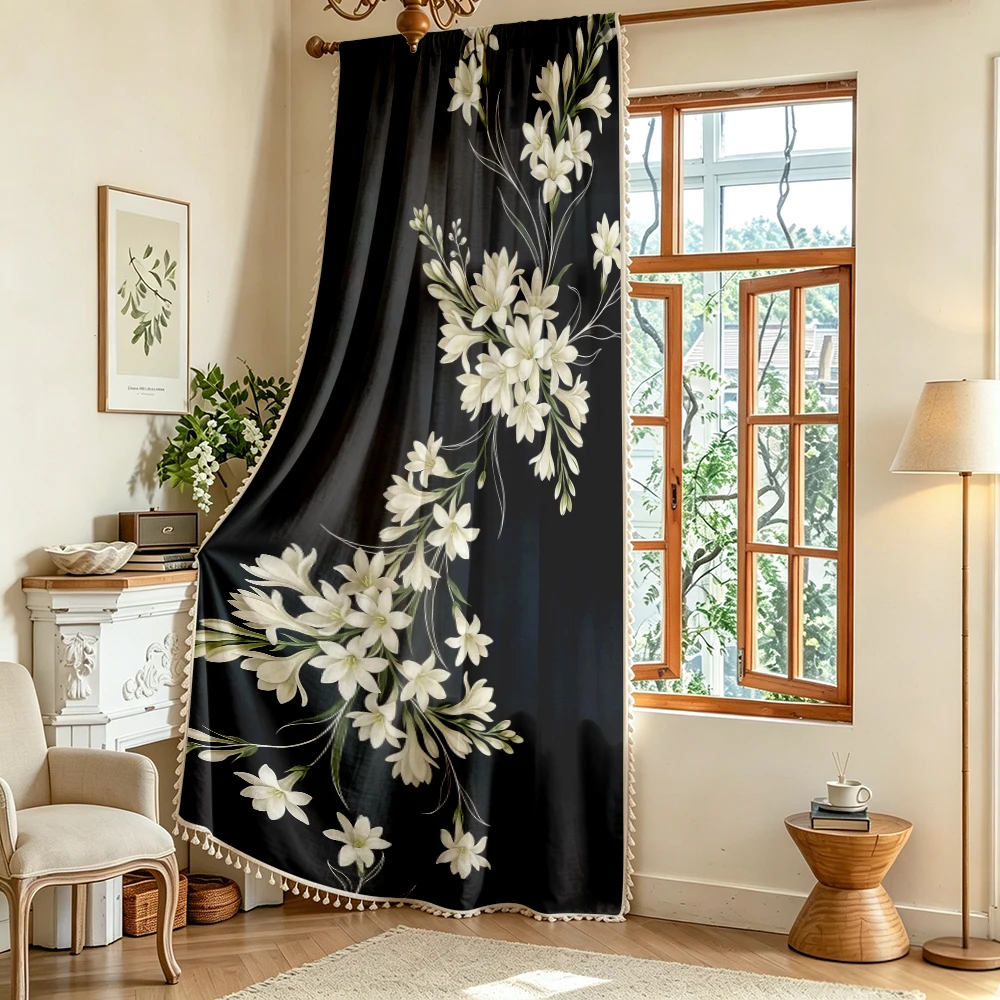 1PC Floral Tassel Sheer Curtains, Black White Lily, Digital Print, Polyester, Bedroom Living Room, Rod Pocket, Home Decor