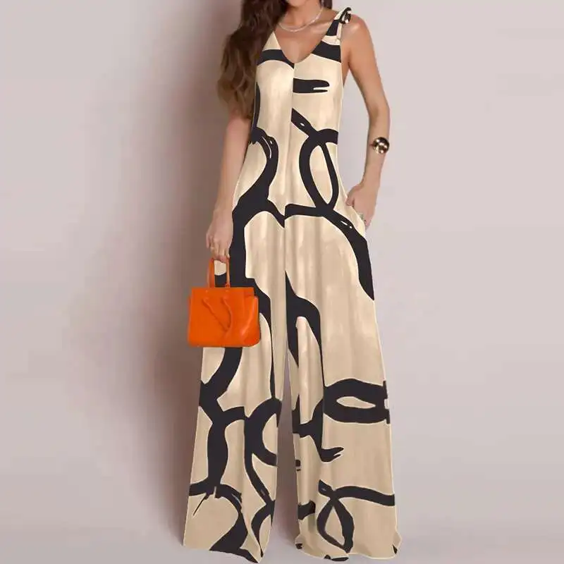 Pelele con tirantes sin mangas y estampado informal, monos plisados de calle a la moda, mono elegante con cuello en V y bolsillo de pierna ancha