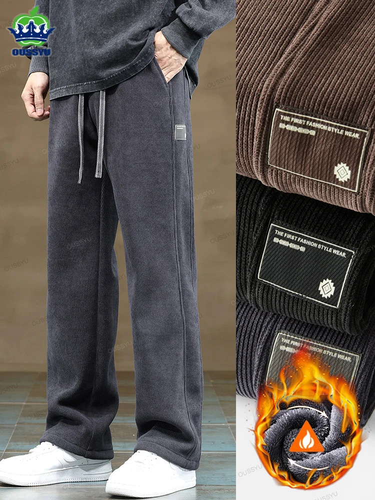 OUSSYU Brand Clothing Winter Fleece Warm Corduroy Pants Men Outdoors Thick Velvet Flocking Plush Korea Casual Trousers Male Gift