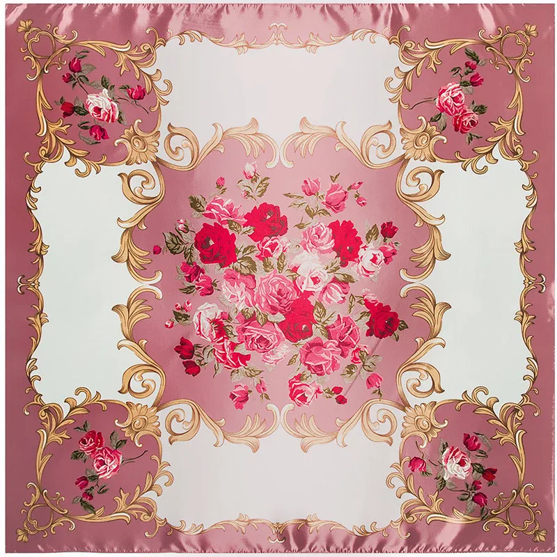 Fashion Scarf Women Luxury Brand Rose Floral Hijab Silk Satin Shawl Scarfs Foulard Square Head Scarves Wraps 2024 New Design