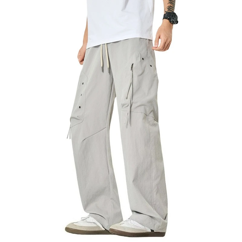

Korean version Fashion Men's Solid Color Loose Wide Leg Drawstring Casual Trendy Simple Basic Cargo Trousers Male Pants Clothes