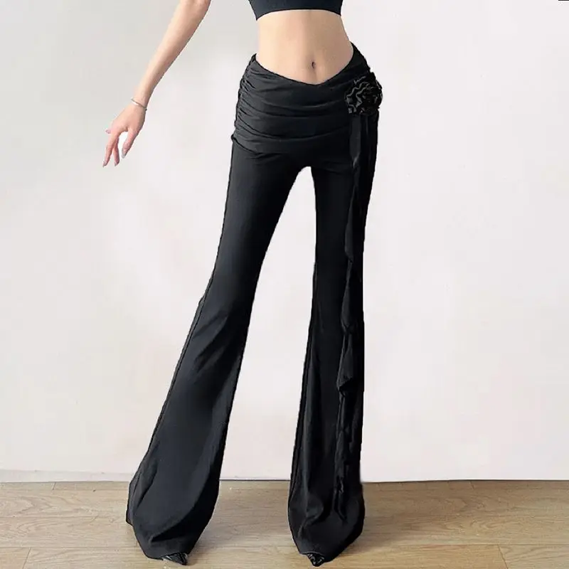 Modern Retro Style Three-dimensional Flower High Waist Micro-flare Trousers Streamer Slim Fit Casual Pants for Women ZT346