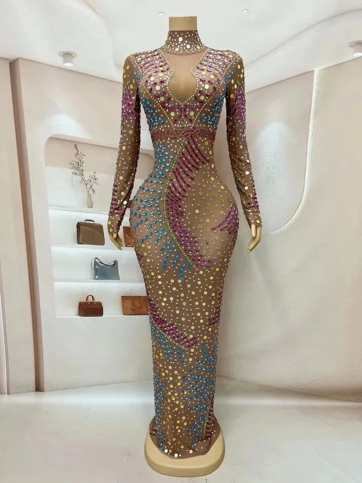 ชุดราตรีวันเกิดปาร์ตี้คลับเครื่องแต่งกายผู้หญิง Sparkly Rhinestone ดูผ่านตาข่ายยืดหยุ่นผู้หญิงชุดยาว