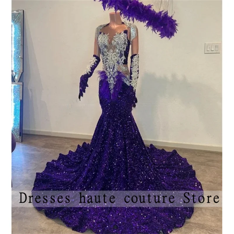 

New Purple Velvet Sequin Mermaid Silver Tassel Crystal Prom Dresses 2026 Black Girls Birthday Evening Party Gown Customized