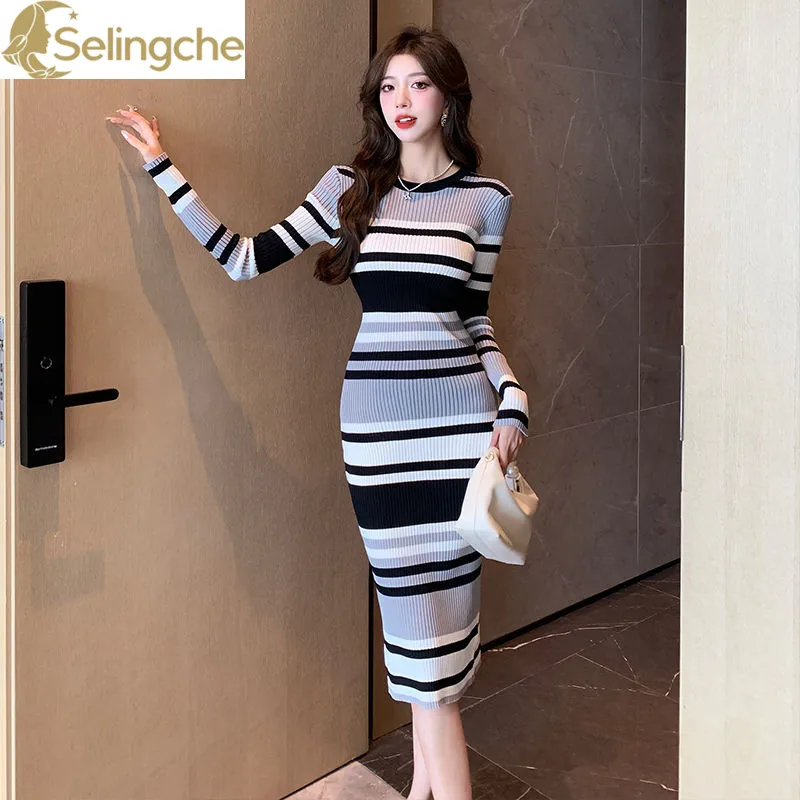 

Spring and Autumn New Striped Knitted Medium to Long Korean Edition Slimming and Slimming Temperament Bag Hip Dress