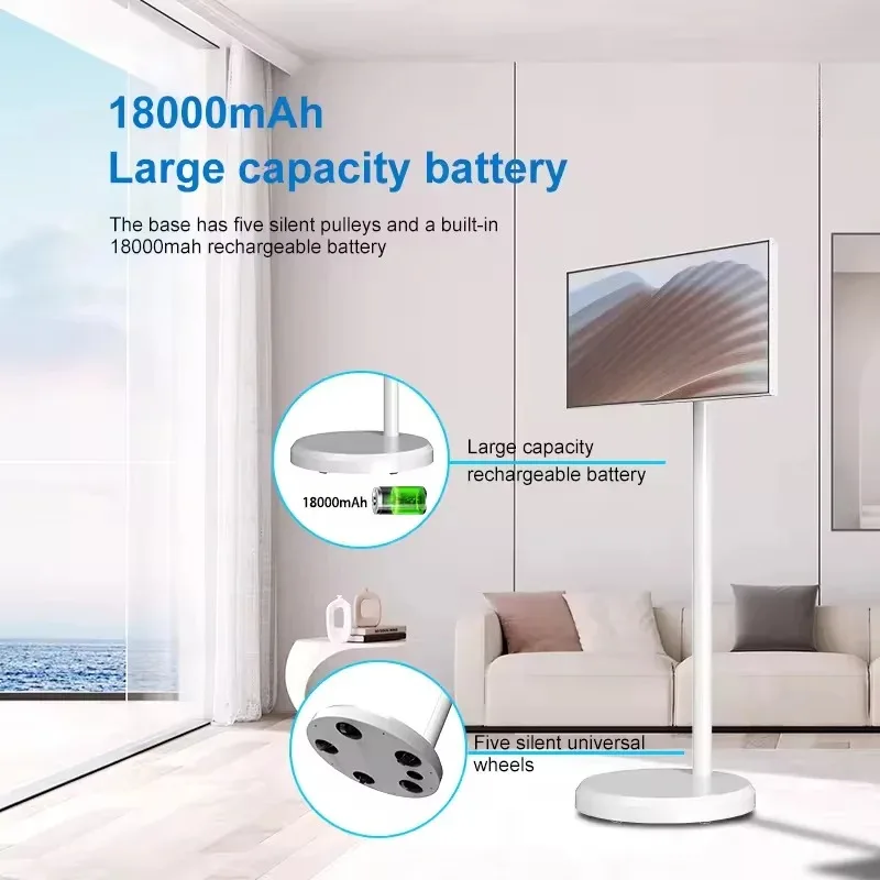 22 Inch HD Touch LCD TV Android 12 Interactive Screen with Built-in Battery USB WiFi Moveable Stand for Home Entertainment