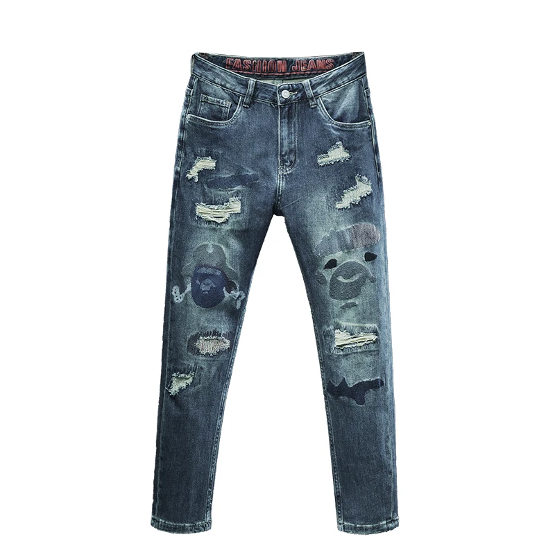 2024 New ripped cool jeans men\'s fashion printed Street trendy, casual and handsome high-end slim long