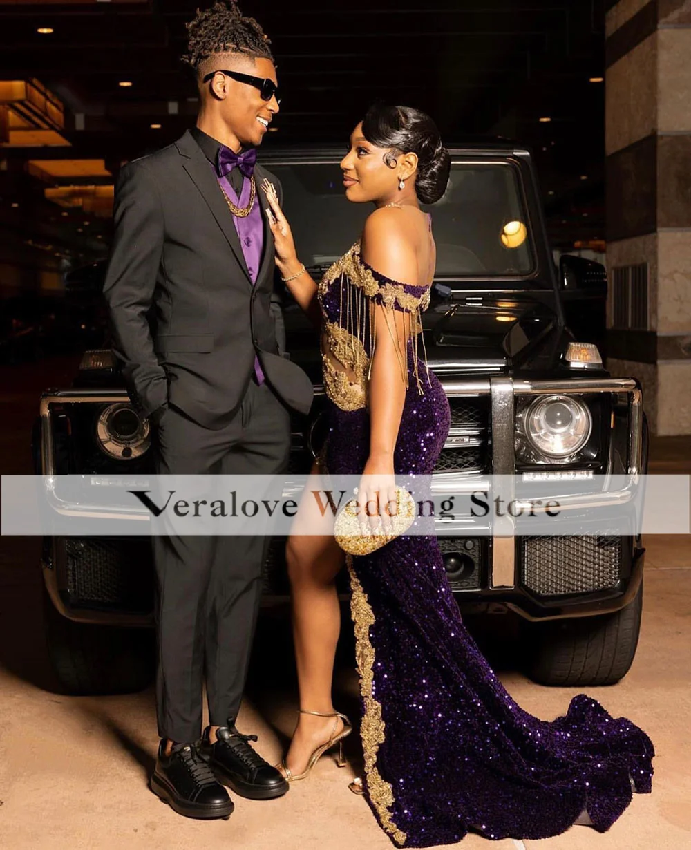 Sexy Slit Purple Prom Dresses Mermaid Gold Beads Crystal Birthday Dress For Black Girls Formal Evening Gala Party Gowns