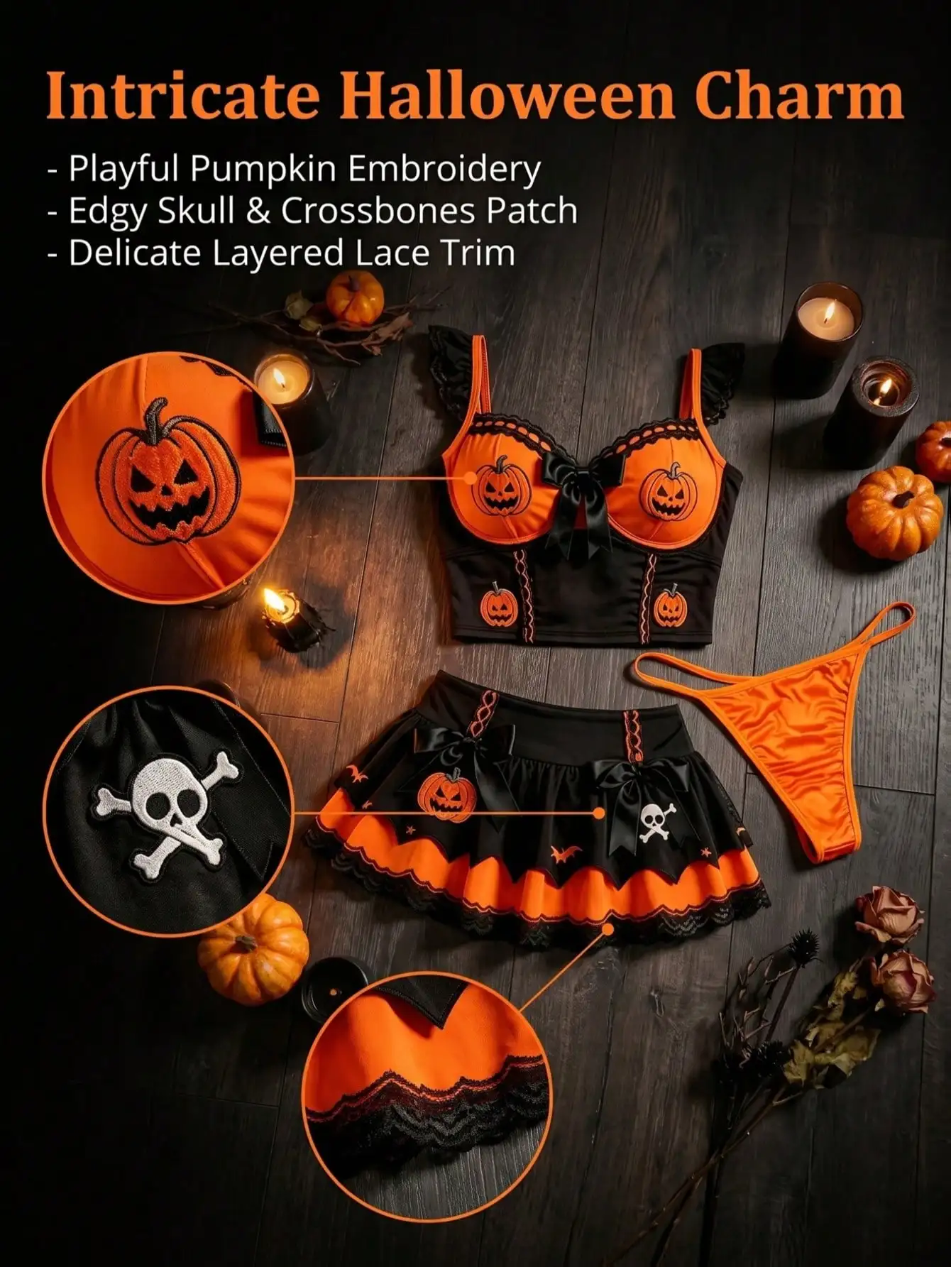 3 Piece Halloween Lingerie Set, Pumpkin Embroidery Witch Bustier Mini Skirt With Matching Thong, Gothic Spooky Pumpkin Festival Cosplay Costume
