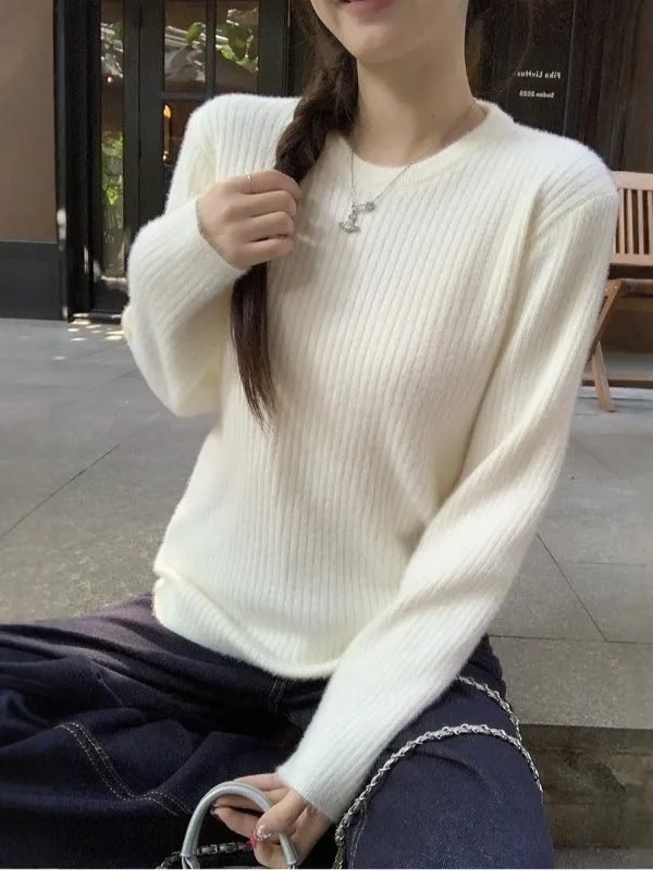 Korean Style round Neck Knitted Sweater Women Early Spring Autumn 2026 Overhead Versatile Base Color Light Brown Commute Outfit