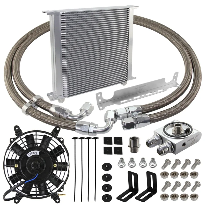 40 Row Oil Cooler Kit  w/ Bracket Kit AN10 Thermostatic 73 ±0.5°+7'' Electric Fan For M20XP1.5 and 3/4X16UNF Universal