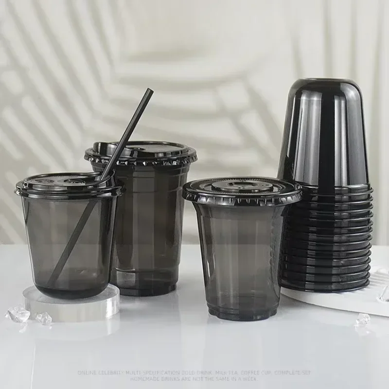 100pcs 92/93mm Caliber Black Disposable Cup PET Transparent U-shaped Plastic Cups for Cold Drinks High End Coffee Packaging cups