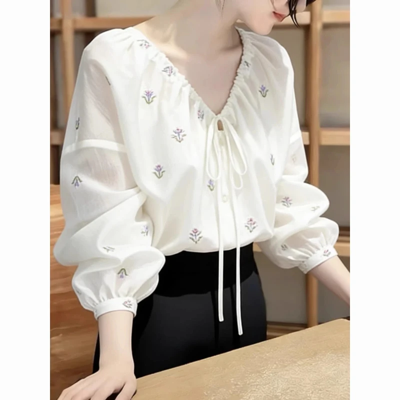 

Женская элегантная блузка с V-образным вырезом и рукавами-фонариками, весна-лето, новая, шикарная, омолаживающая, свободная, милая, модная.