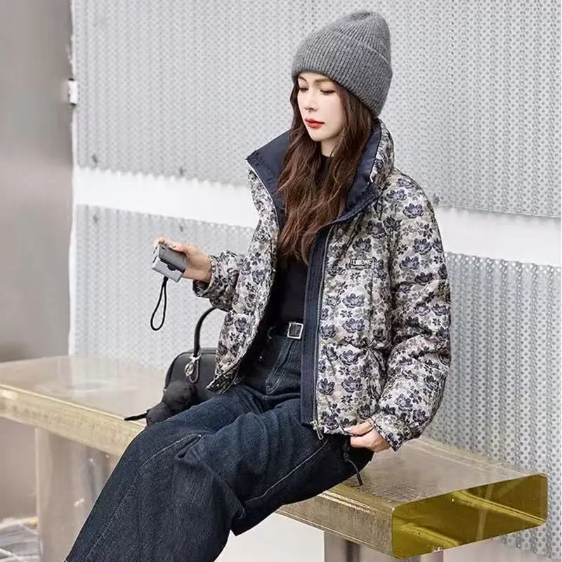 

Зимняя хлопковая куртка 2025 года, модная короткая стильная свободная хлопковая куртка с цветным принтом и воротником-стойкой для женщин