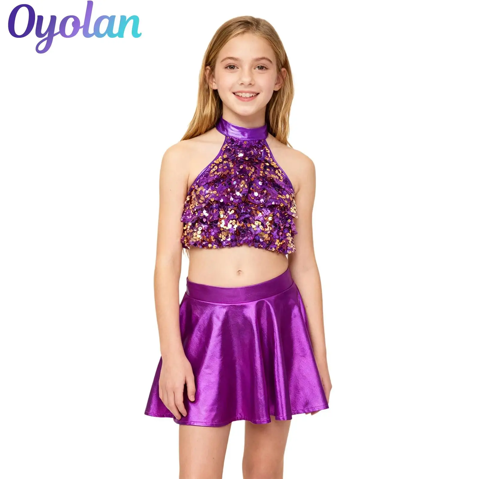

Kids Girls Shiny Sequin Ballet Hip Hop Jazz Latin Dance Outfit Performance Costume Tiered Crop Top with Metallic Ruffled Skirt