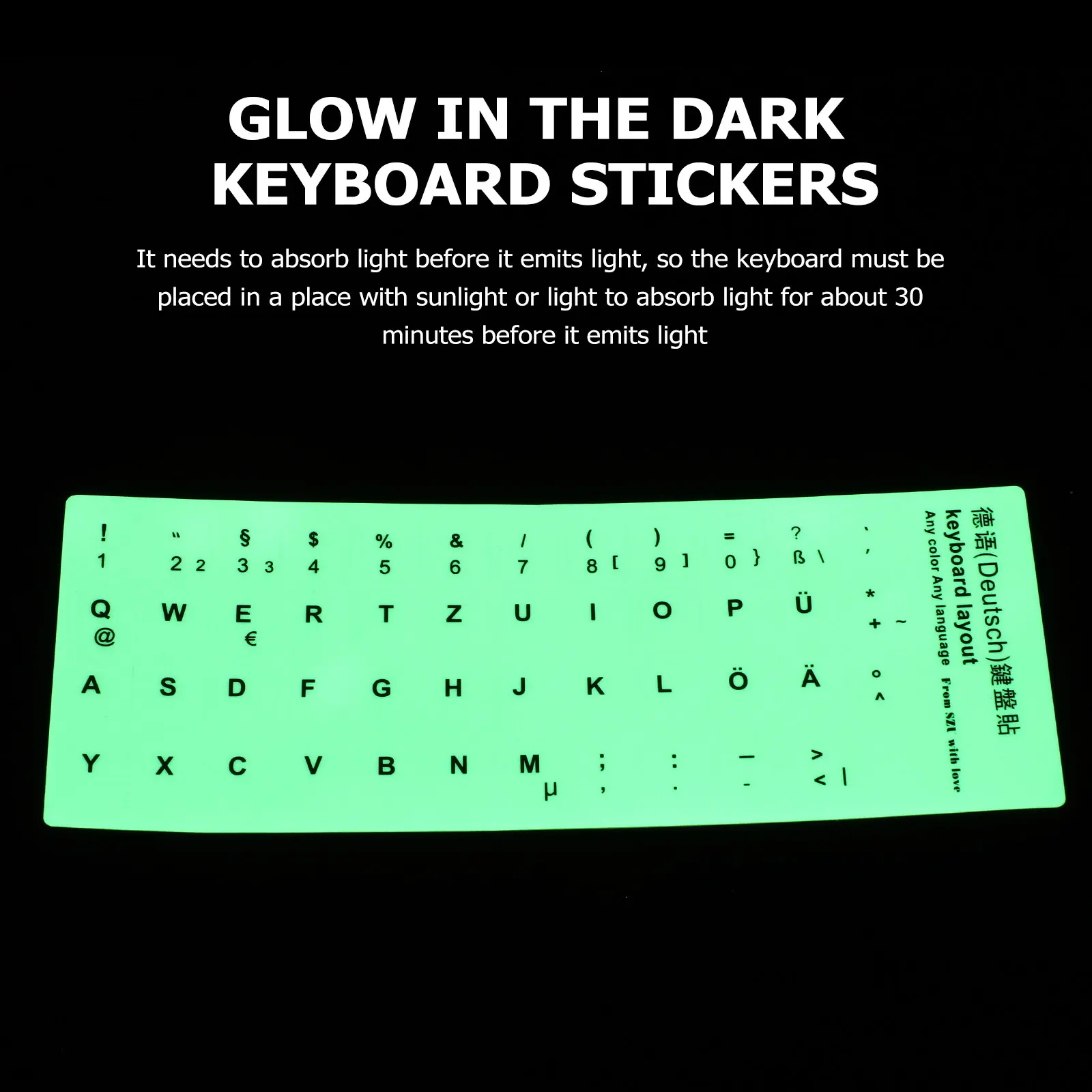 1Sheet Glow in The Dark Keyboard Sticker Premium PVC Wear Resistant for Laptop Desktop Computer German Keyboard
