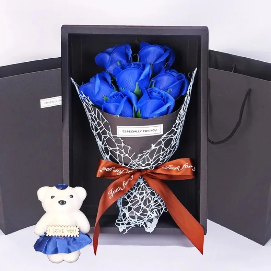 Valentine\'s Day Artificial Flowers 7 Rose Soap Bouquet Gift Box Teddy Bear Flower Creative Valentine\'s Day Gift Home Decor