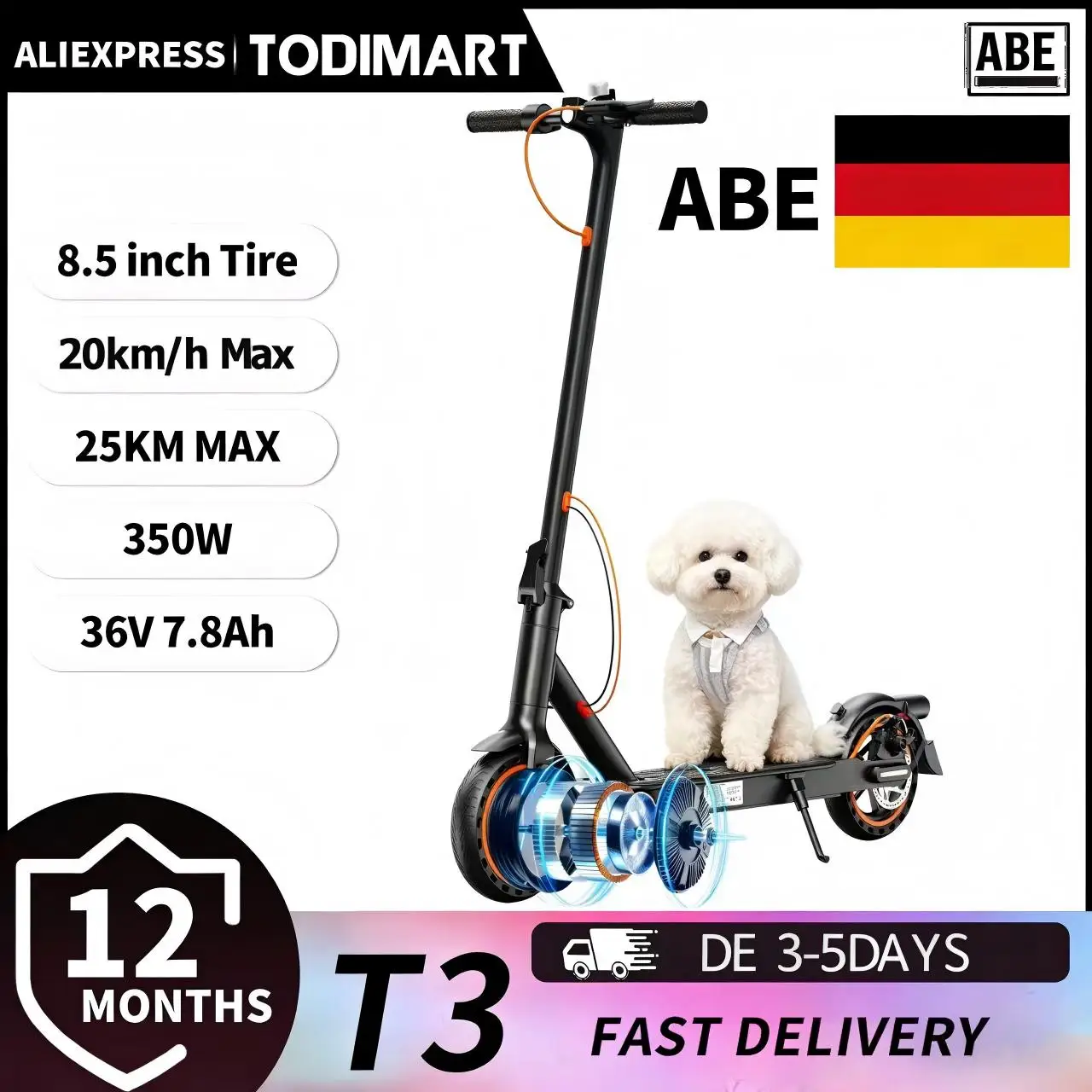 Todimart T3 ABE elektrische scooter voor volwassenen, 36V 7.8AH, 350W (500W), 25-35KM, 8,5-inch banden, Elektroroller mi Abee