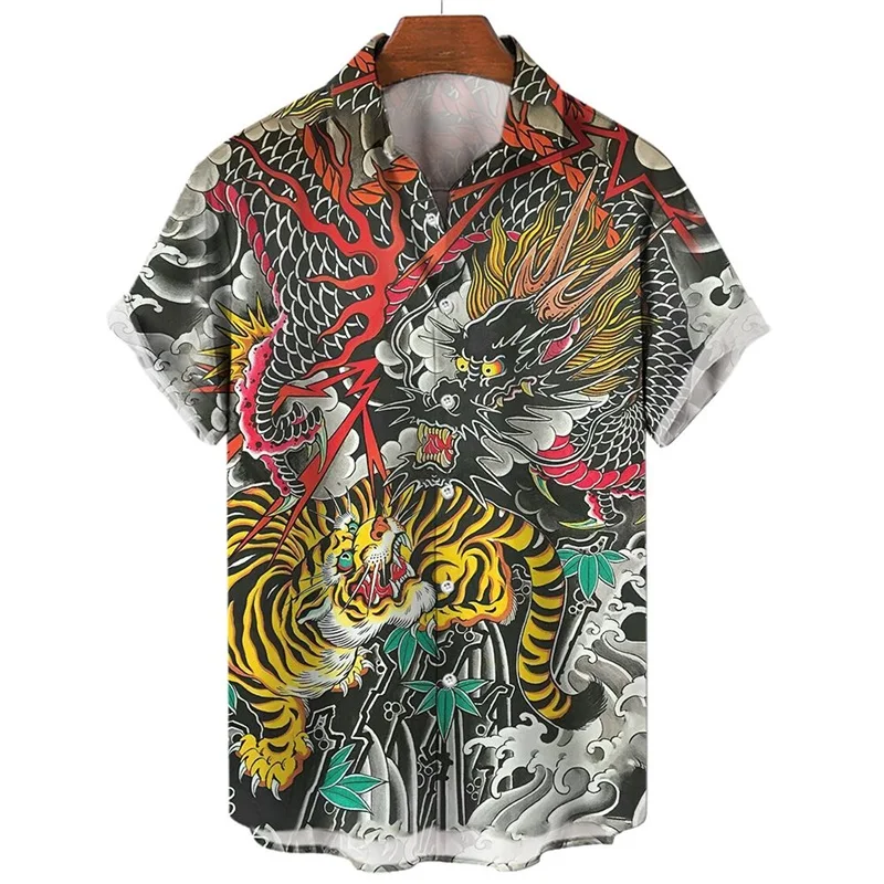 قمصان رجالية ثلاثية الأبعاد الحيوان النمر التنين مطبوعة قصيرة الأكمام قمصان هاواي بلوزة جديدة في زر غير رسمي حتى ألوها قميص الذكور بلايز #2