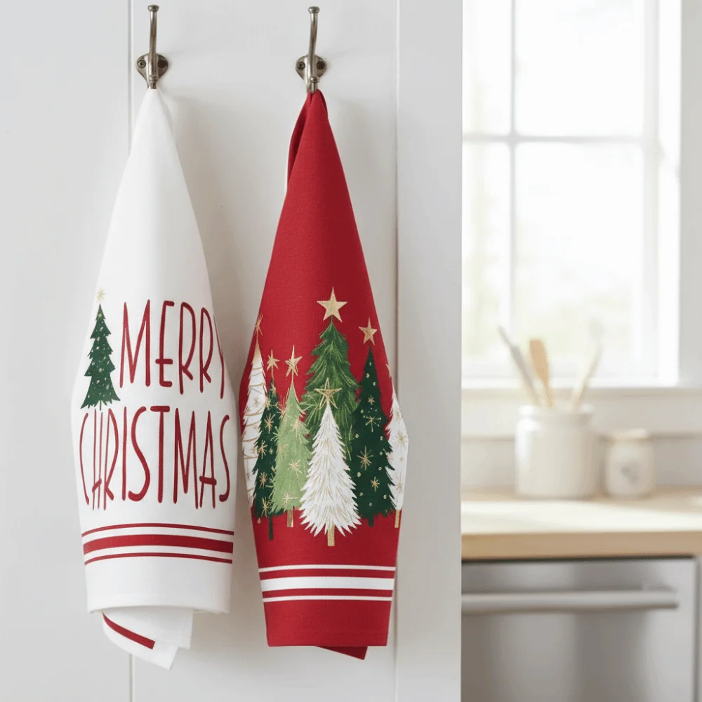 2PCS Star Christmas Tree Pattern Merry Christmas Kitchen Towel Water-absorbent Washable Dish Washing Cloth Rectangular