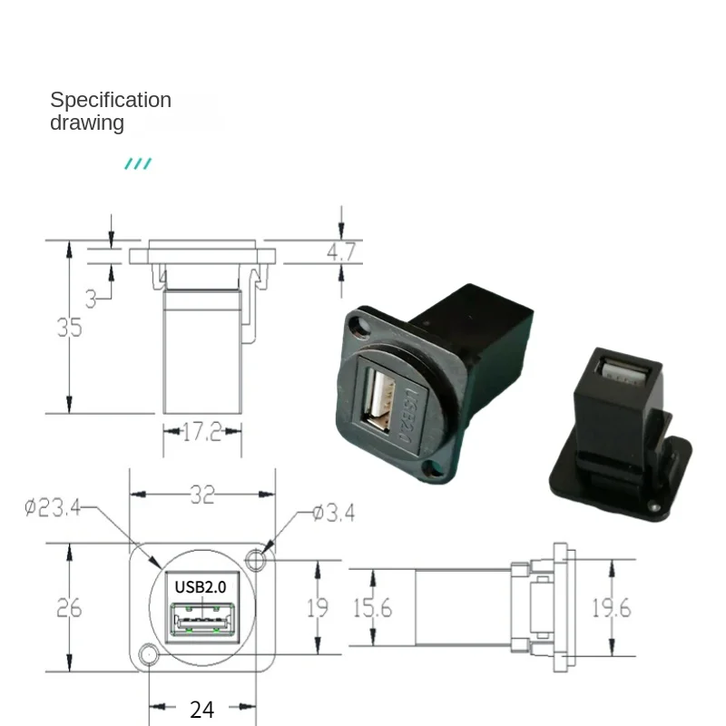 D-Type Usb 2.0 Schroef Vaste Rechte Stootverbinding, Paneelcomponent Adapter Connector Module Zwart En Zilver