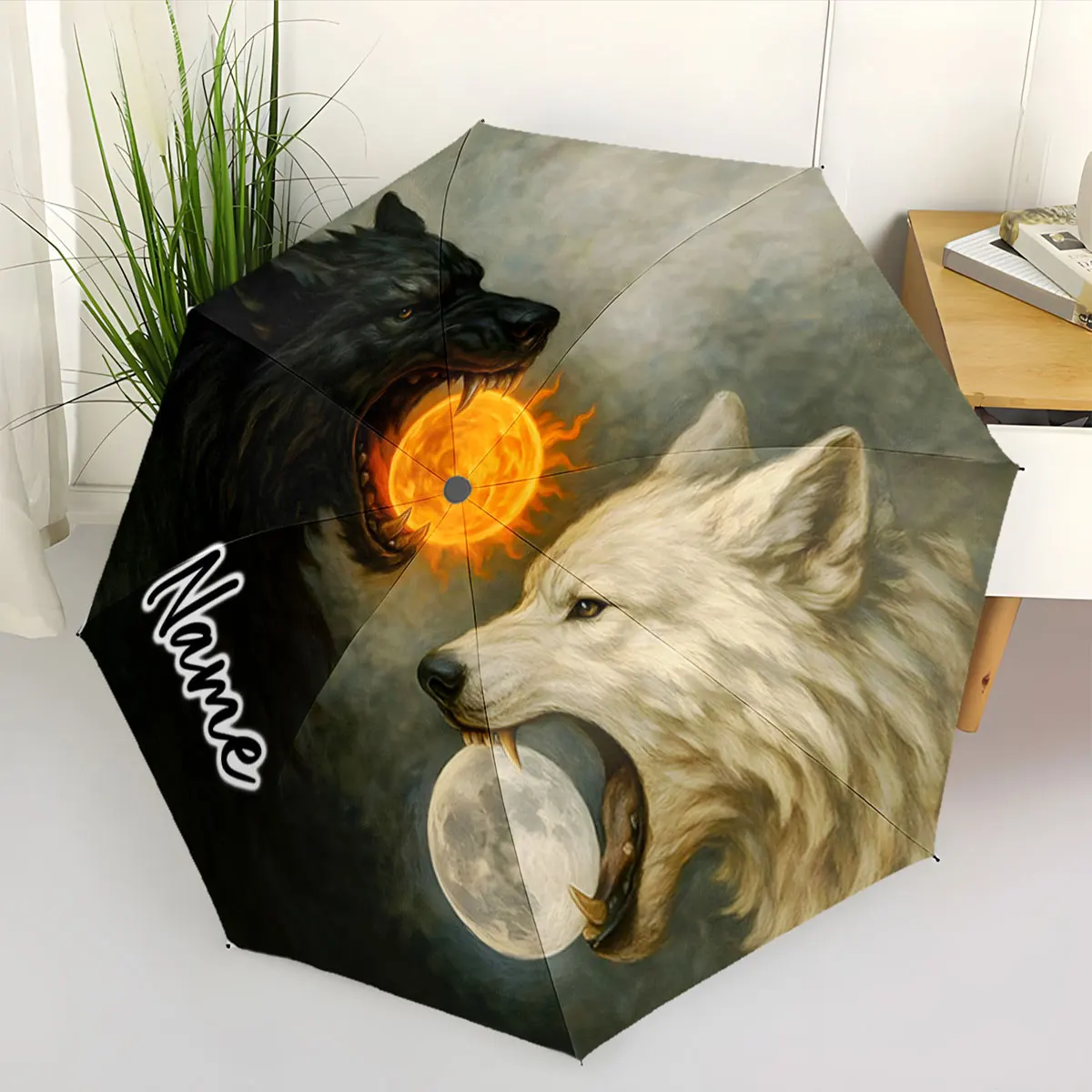 Custom Name Umbrella Wolf and Moon Design Umbrella Print 8 Iron Ribs Folding Umbrella Auto-Open Fashion Sunshade