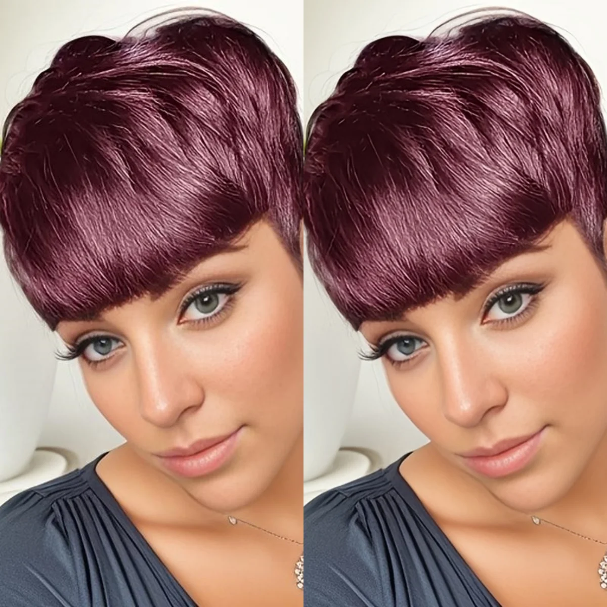 ピクシーカットウィッグ 女性用 ストレート人毛ウィッグ 前髪付き ナチュラル