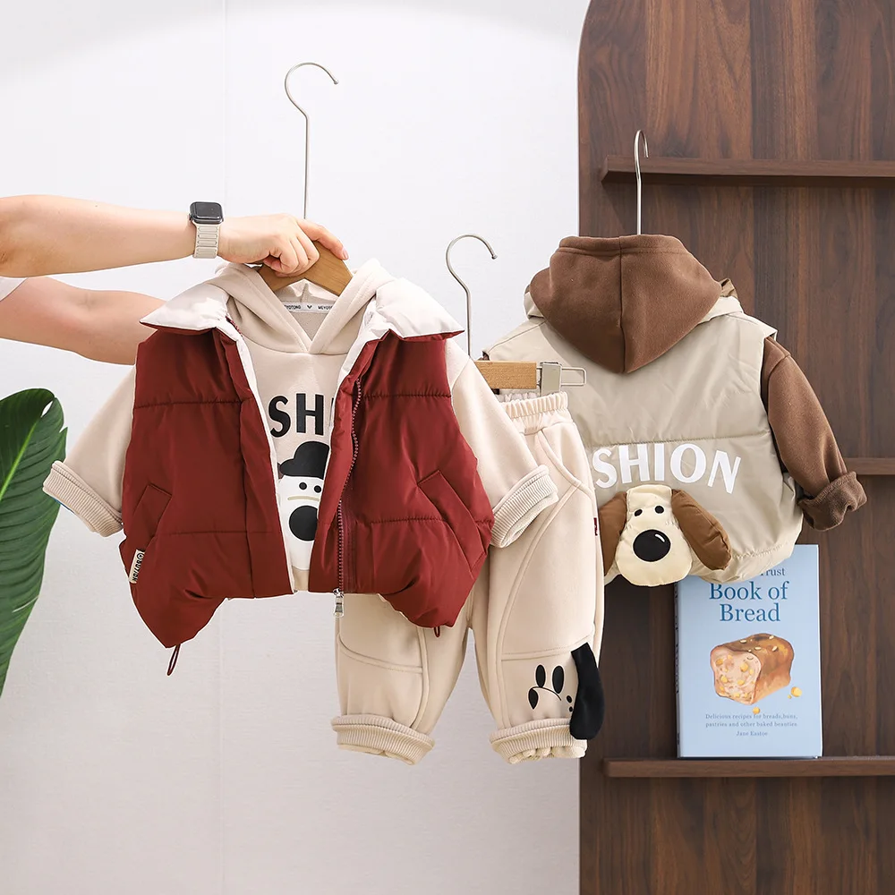 Boys' Winter Cotton Suit, New Children's Velvet Thickened Warm Vest Three-piece Set