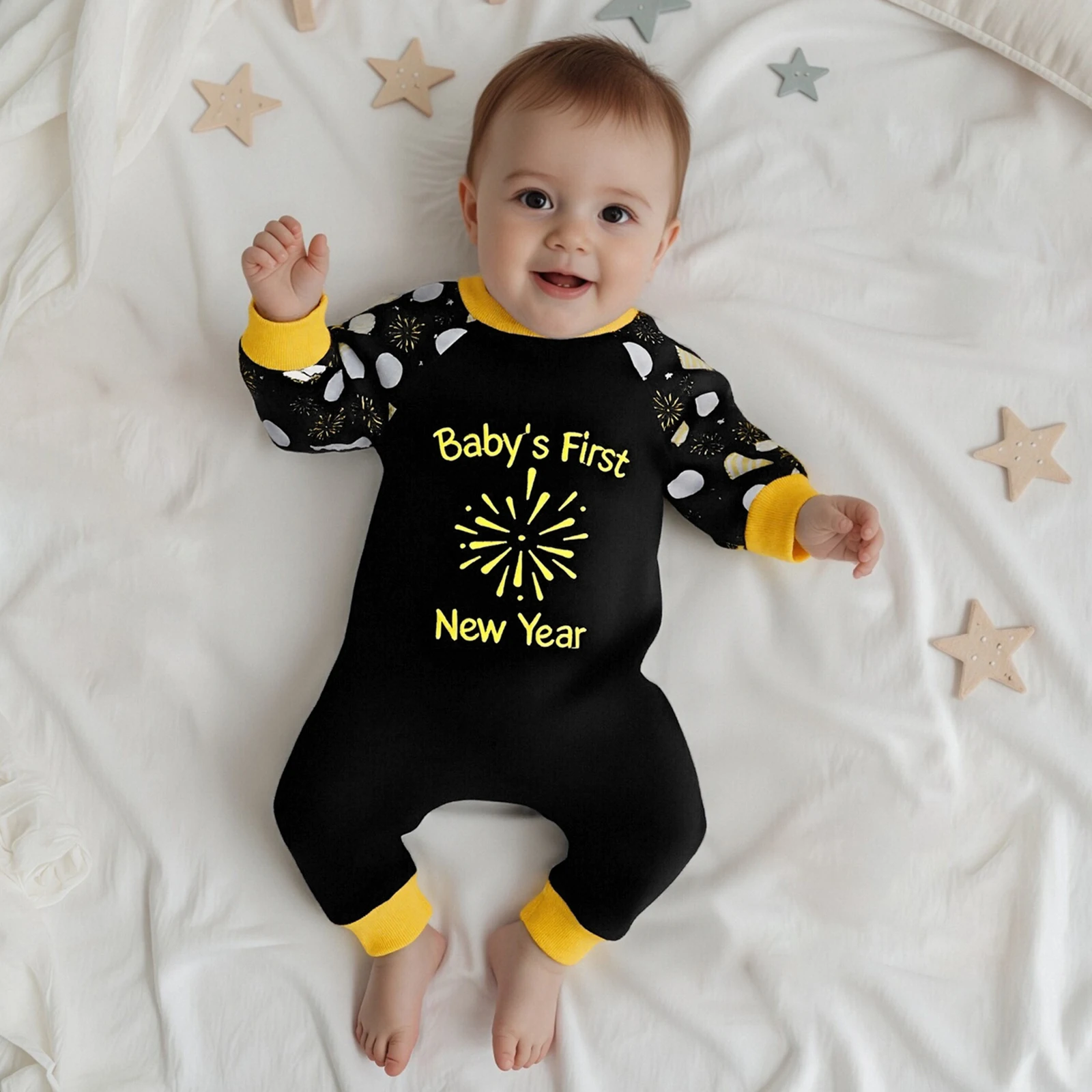 Baby New Years Eve Romper Loose Fit Firework Letter Pattern Crew Neck Long Sleeve Newborn Jumpsuit