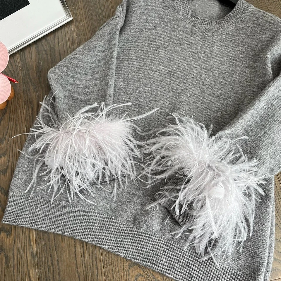 2024 Spring Luxury New Women High Quality 100% Wool Grey Feathers Sweater Jumpers for Female