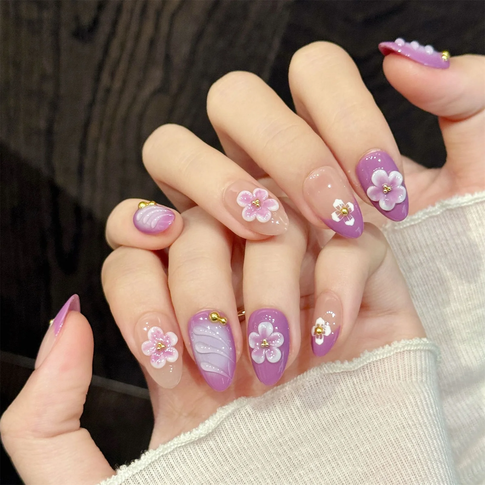 10Pcs Pink Purple Sakura False Nails 3D Embossed Floral Design Handmade Press On Nails For Women Wearable Almond Fake Nail Tips
