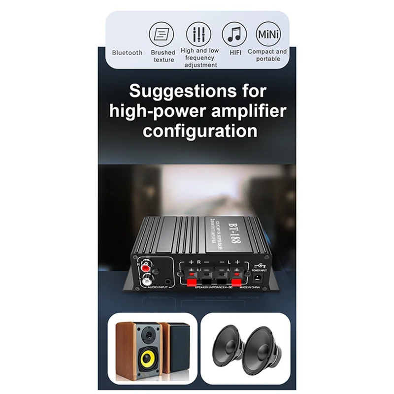 A69Z BT-188 Digital Bluetooth Amplifier Mini 2-Channel Output Home Computer Audio Amplifier 12V Car