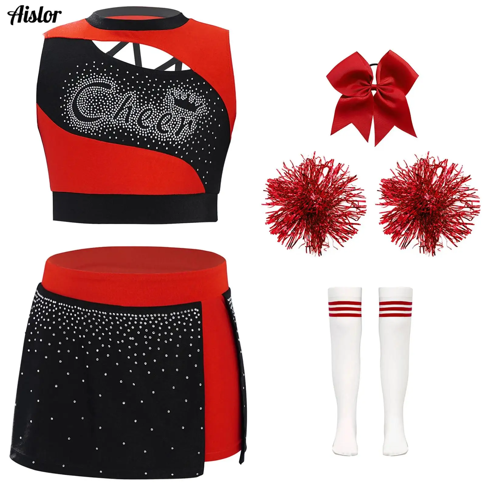Girls Cheerleading Dance Outfits Sleeveless Cutout Sparkling Rhinestones Crop Top+Side Slit Skirt+Headwear+Flower Balls+Socks