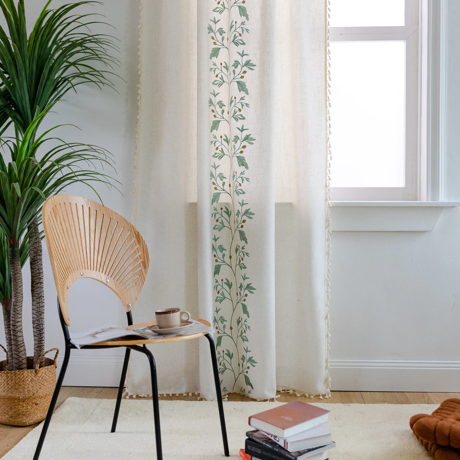 Boho Floral Curtains, Bohemian Country Farmhouse Window Treatment Cotton Linen Drape with Tassels for Bedroom, Rod Pocket