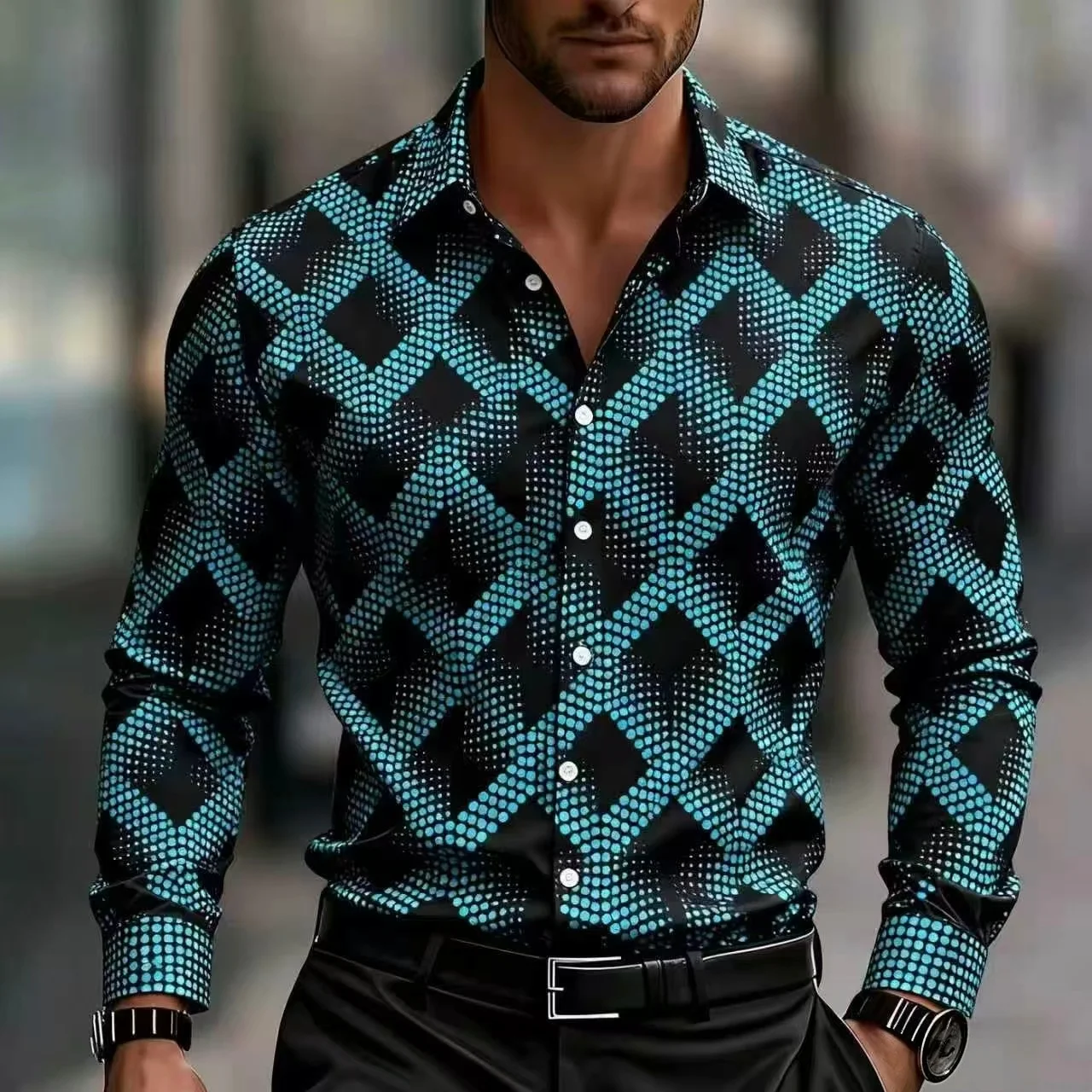 Men's Geometric Printed Long Sleeved Shirt  Elegant Button Up Shirt With Square And Striped Patterns  Casual And Fashionable