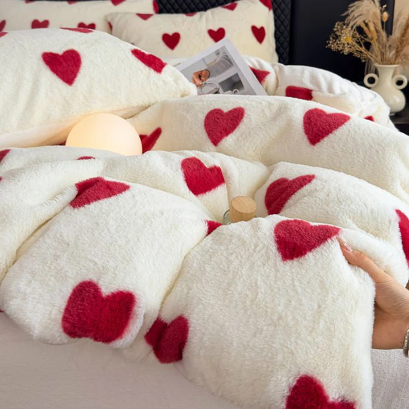 Heart Print Double Layer Faux Rabbit Fur Blanket for Bed Thick Warm Autumn Winter Blankets Soft Plush Duvet Cover with Zipper