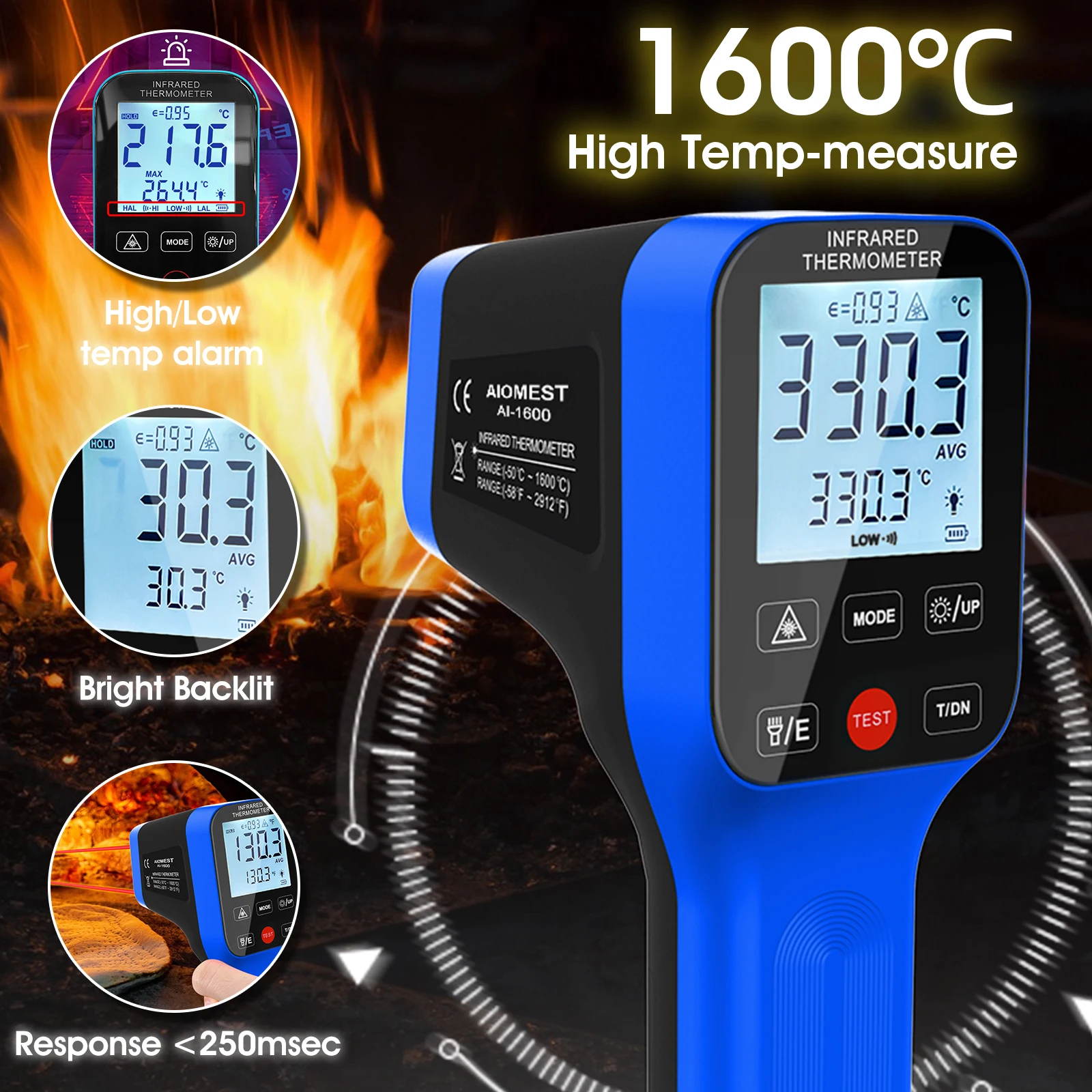 HP-1600 Infrared Thermometer Gun Rechargeable,-58℉~2912℉ High Temp Laser Industrial Thermometer,D:S=30:1 Touch Button Waterproof