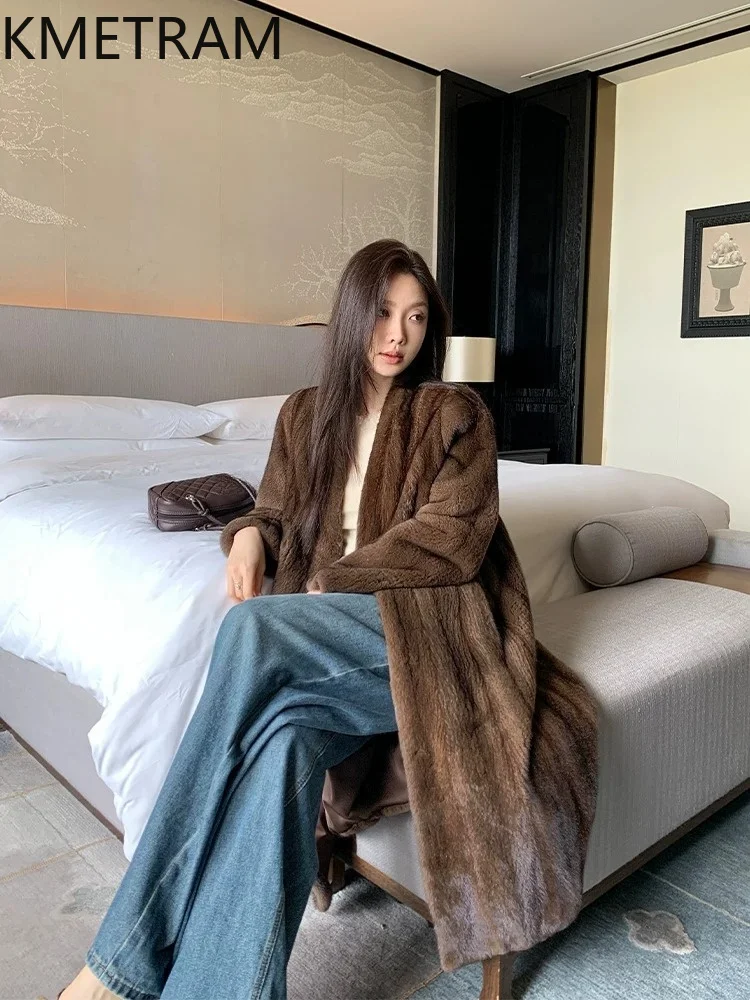 KMETRAM Real Purple Label Velvet Mink Fur Coat Woman Retro Whole Mink Fur Jacket New Winter Long Coats Women Clothing 100cm 2026