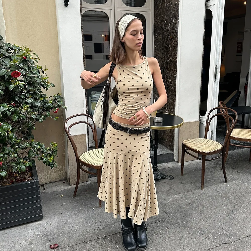 

Apprabant Summer Polka Dot Maxi Skirt Two-Piece Set Women's Sexy Sleeveless Tank Top Low Waist Long Skirt Set Slim y2k Outfit