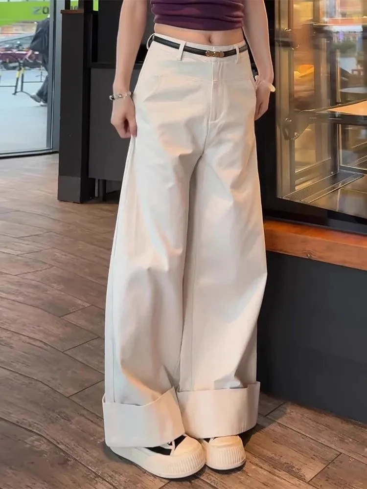 خمر بنطال ذو قصة أرجل واسعة النساء التلبيب حافة الصلبة فضفاض حزام غير رسمي عالية الخصر بنطلون Y2K الشارع الشهير Harajuku مكتب سيدة السراويل جديد