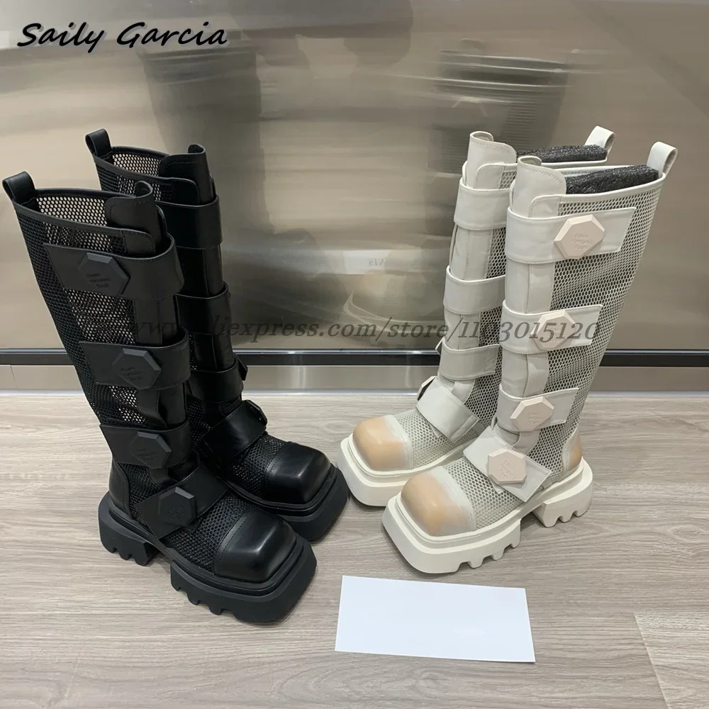 

Solid Hook&Loop Hollow Breathable Motorcycle Boots Summer INS Fashion Thick Sole Casual Shoes Square Toe Platform Knee High Boot