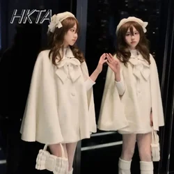 2024 New Autumn and Winter Lolita Cape Coat Girl Cute Sweet Bow Single-breasted Loose Oversized Cape Woolen Jacket Women Clothes