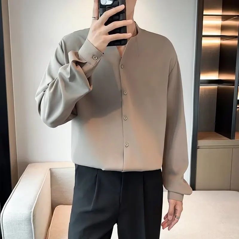 Spring and Summer Ascetic Solid Color V-neck Korean Shirt Men's Long Sleeves Loose Drapery Feel Handsome Internet Celebrity Hits