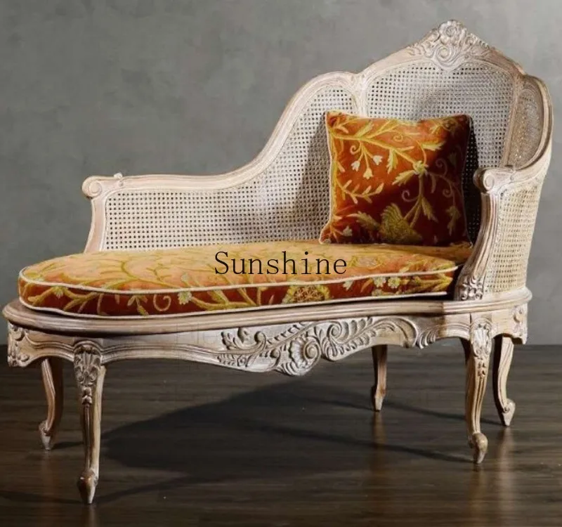 French neoclassical carved rattan chaise longue solid wood fabric retro old lazy sofa  FT