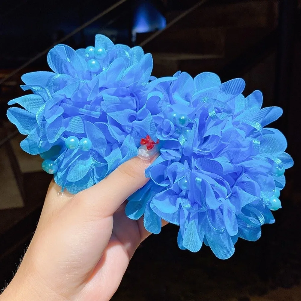 2Pcs Elastic Children Flower Pearl Hair Tie Colorful Hair Accessories Floral Scrunchie Ruffled Flower Hair Rope