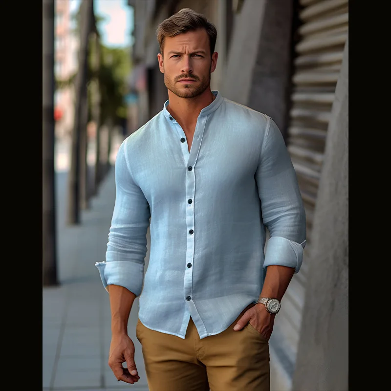 

Foreign Trade New Medieval Men's Retro Cotton and Linen Crepe Shirt Henry Collar European Size Shirt for Men